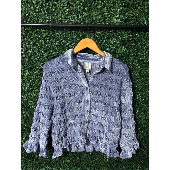 Anthropologie Maeve Shirred Velvet Buttondown Tee Sz Medium - Picture 2 of 5